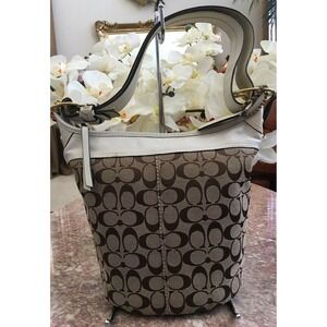 Coach11437 Bleeker Bucket Khaki Ivory Canvas Leather Cross-body Bag EUC,  $349